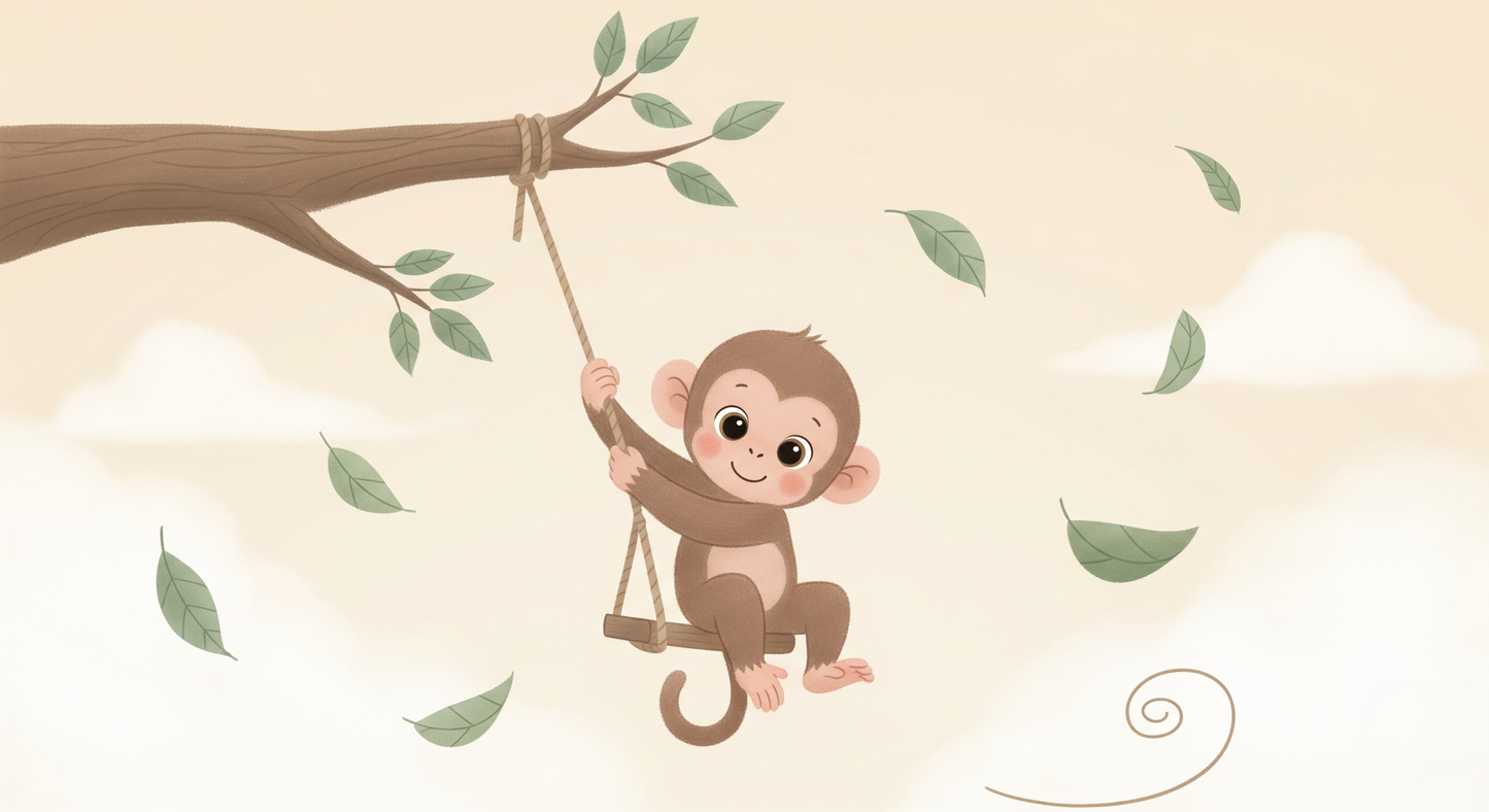 Kids-Mundo flat artwork of the swinging baby monkey and falling leaves wall mural design