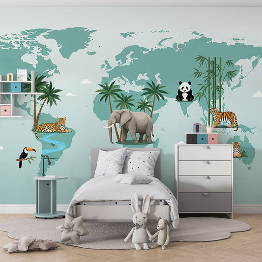 Kids-Mundo teal world map mural with jungle animals in a child's bedroom feature wall