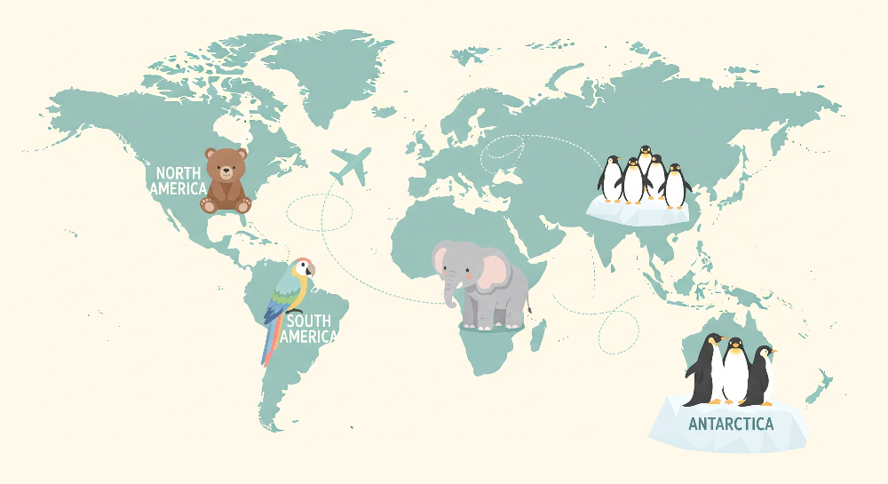 Flat artwork of the Kids-Mundo labelled teal world map mural with bear, elephant and penguins