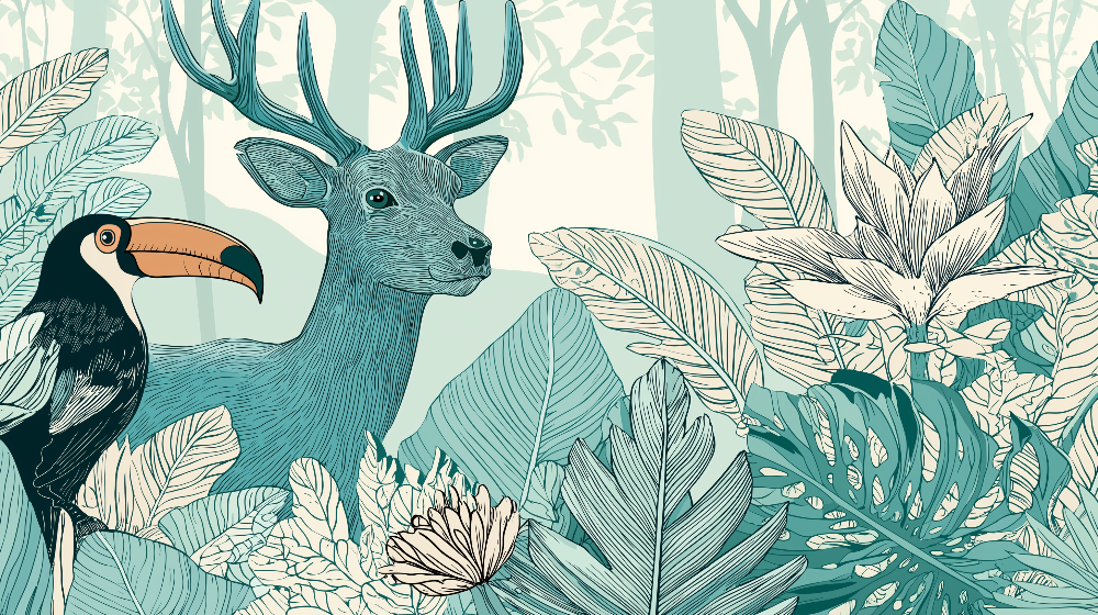 Teal Stag and Toucan Jungle Wall Mural