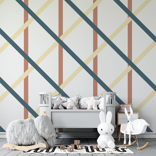 Kids-Mundo diagonal plaid wall mural styled on a kids bedroom feature wall