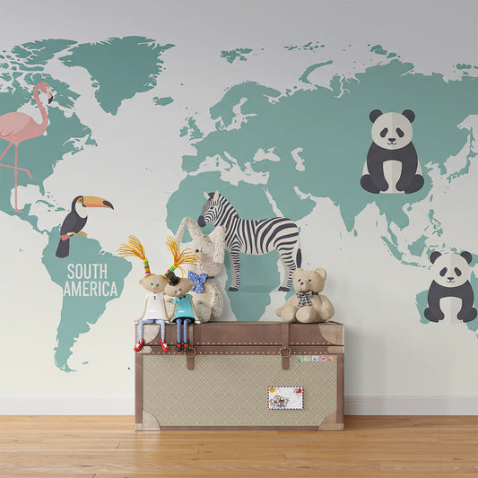 Kids-Mundo teal world map wall mural covering a wall in a bright, modern kids bedroom