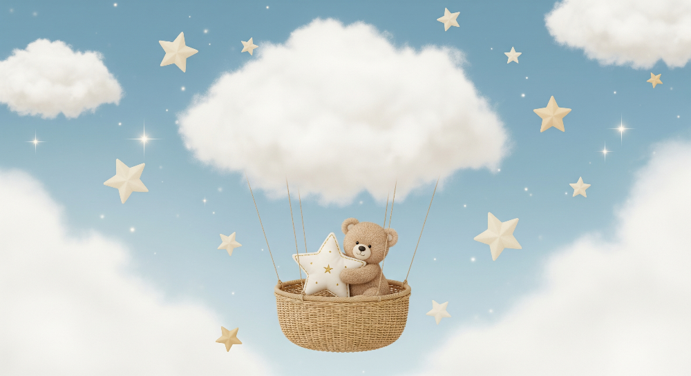 Teddy Bear in a Cloud Balloon Starry Sky Wall Mural