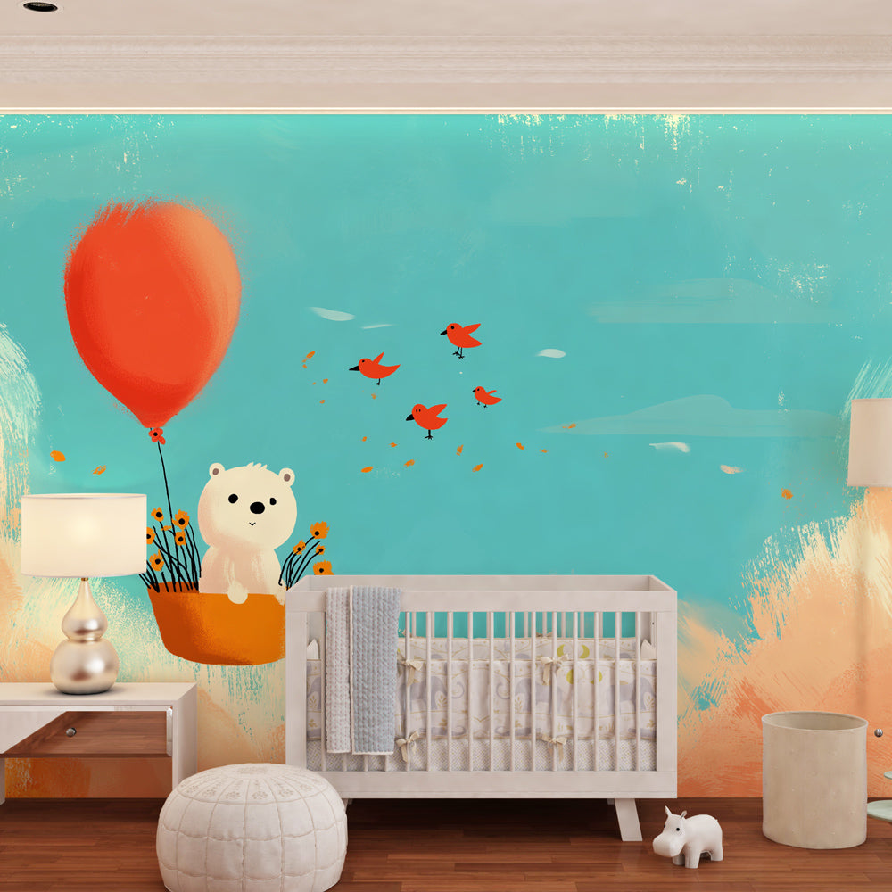 Teddy bear hot air balloon mural wallpaper in modern baby nursery by Kids-Mundo