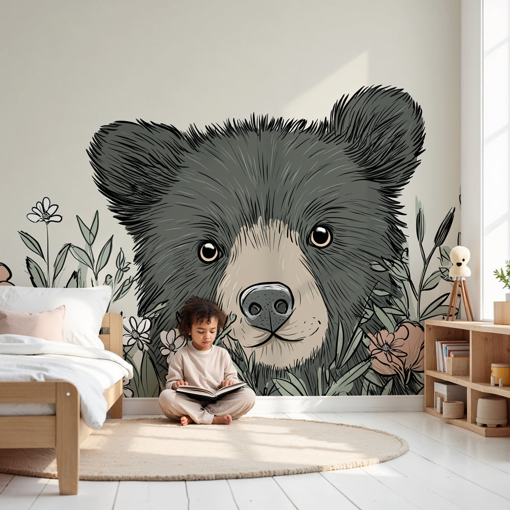 Teddy bear floral mural wallpaper in soft pastel baby nursery room by Kids-Mundo
