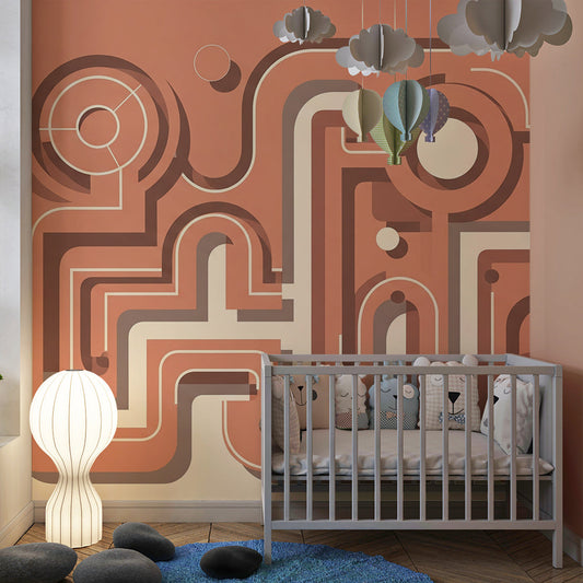 Kids-Mundo terracotta maze pattern wallpaper fitted on a kids bedroom feature wall