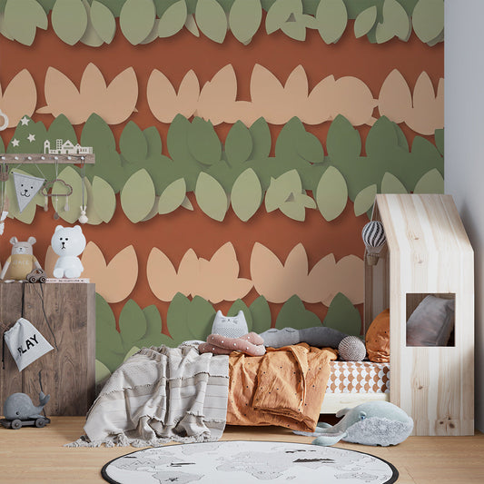 Kids bedroom with a Kids-Mundo terracotta leaf stripe wall mural above a bunk bed