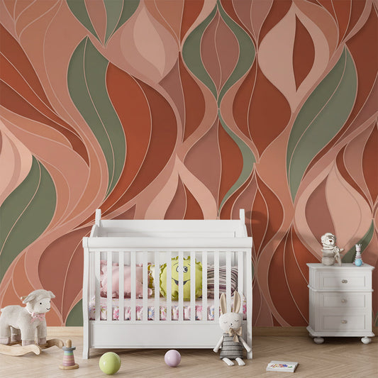 Kids bedroom featuring a Kids-Mundo terracotta wavy ogee wall mural above a headboard