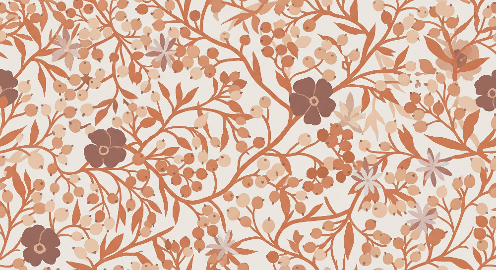 Terracotta Wildflowers and Berries Pattern Wall Mural