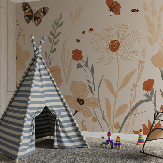 Kids-Mundo poppy and butterfly wall mural decorating a child's bedroom wall