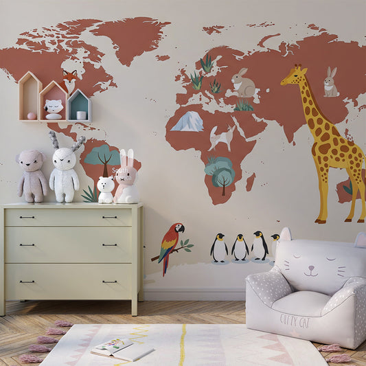 Kids-Mundo terracotta world map wall mural covering a full wall in a warm-toned kids bedroom