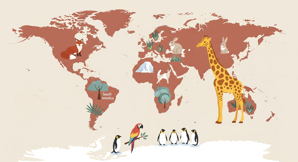 Kids-Mundo flat artwork of a terracotta world map with fox, giraffe, rabbits and penguins