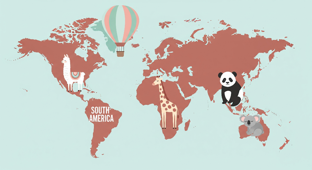 Terracotta World Map with Llama and Hot Air Balloon Wall Mural