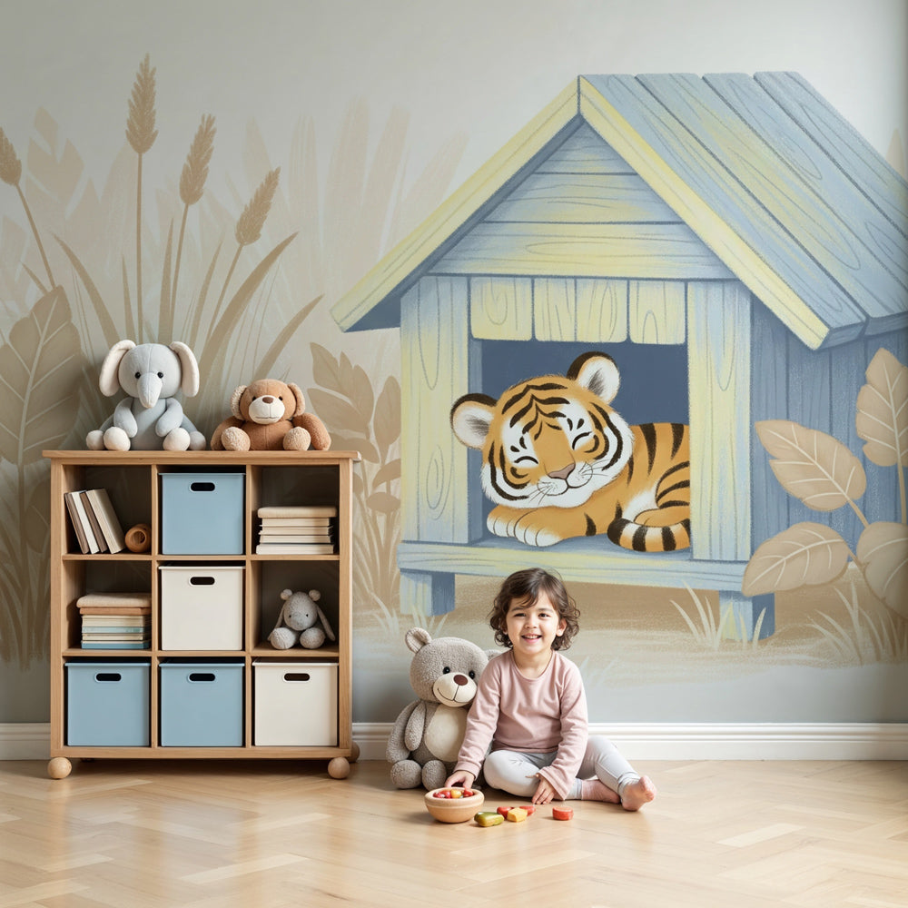 Tiger animal mural wallpaper creating cozy nursery atmosphere with soft pastel jungle theme by Kids-Mundo
