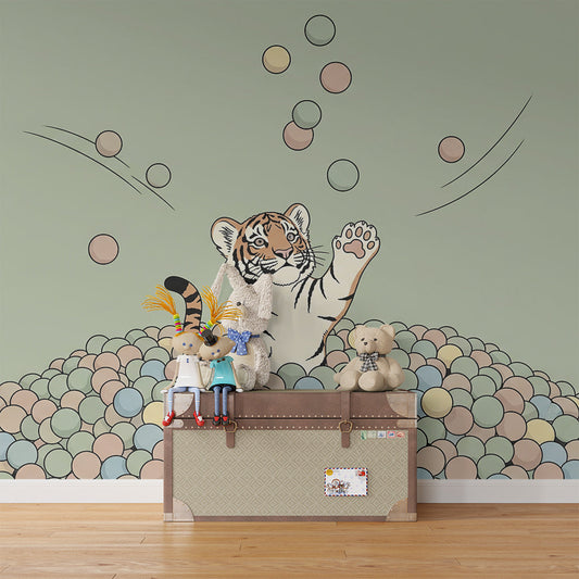 Kids-Mundo tiger among colourful balls mural on a fun kids bedroom wall