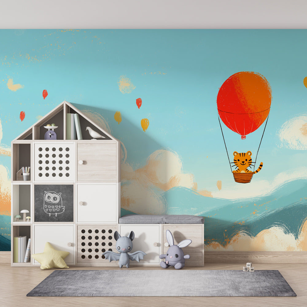 Adventure sky wallpaper with tiger and balloons creating magical kids bedroom decor