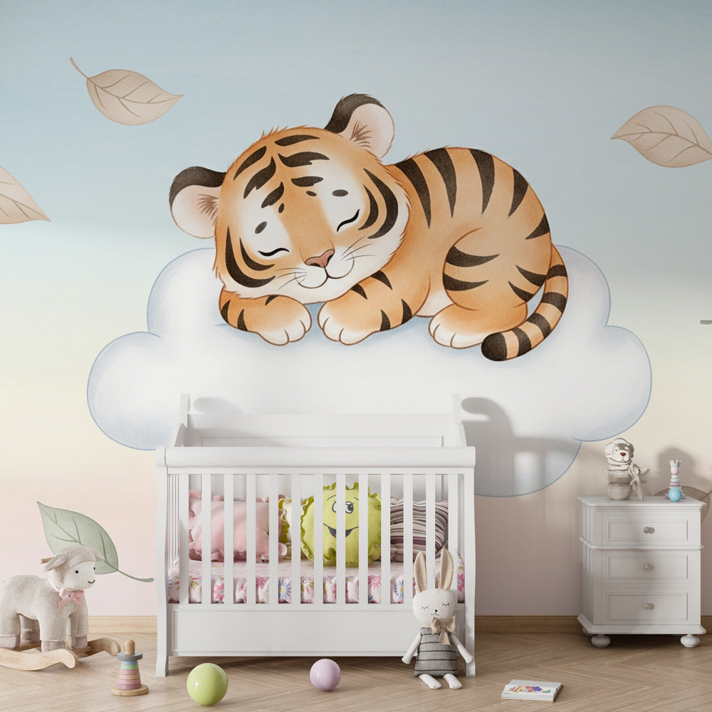 Dreamy tiger sleeping on cloud wallpaper in modern children's bedroom with soft lighting