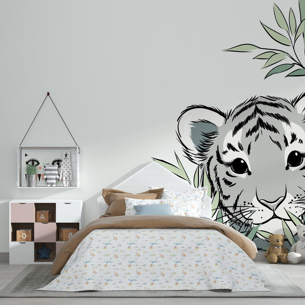 Tropical tiger wallpaper creating adventurous kids bedroom with natural wood furniture