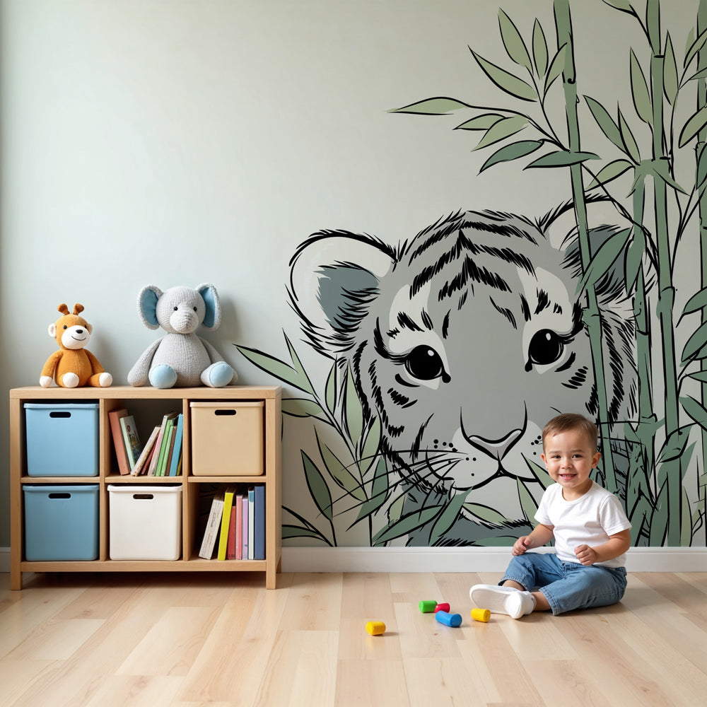 Tiger cub mural wallpaper in modern nursery with tropical jungle theme by Kids-Mundo