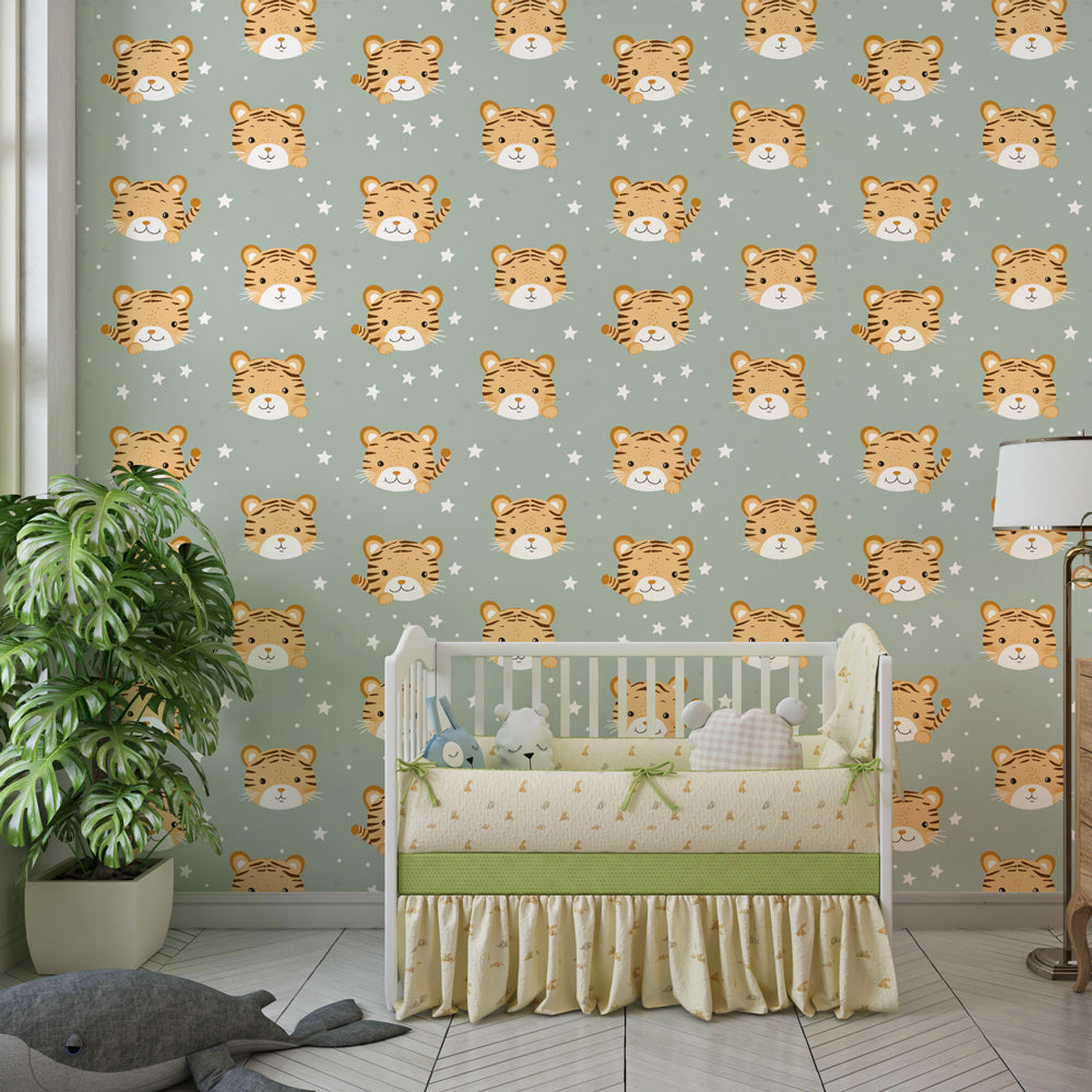 Cute tiger wallpaper creating playful atmosphere in children's bedroom with wooden furniture