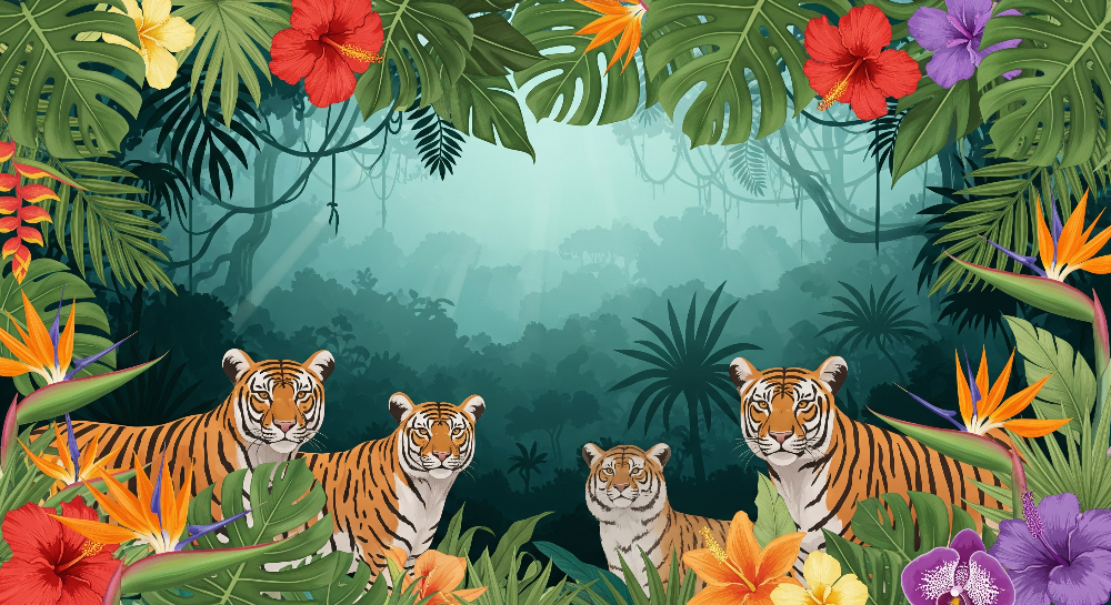 Majestic Tiger Family in a Misty Jungle Wall Mural