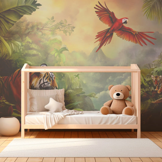 Kids-Mundo tiger and macaw jungle wall mural as a bold feature wall in a kids bedroom.