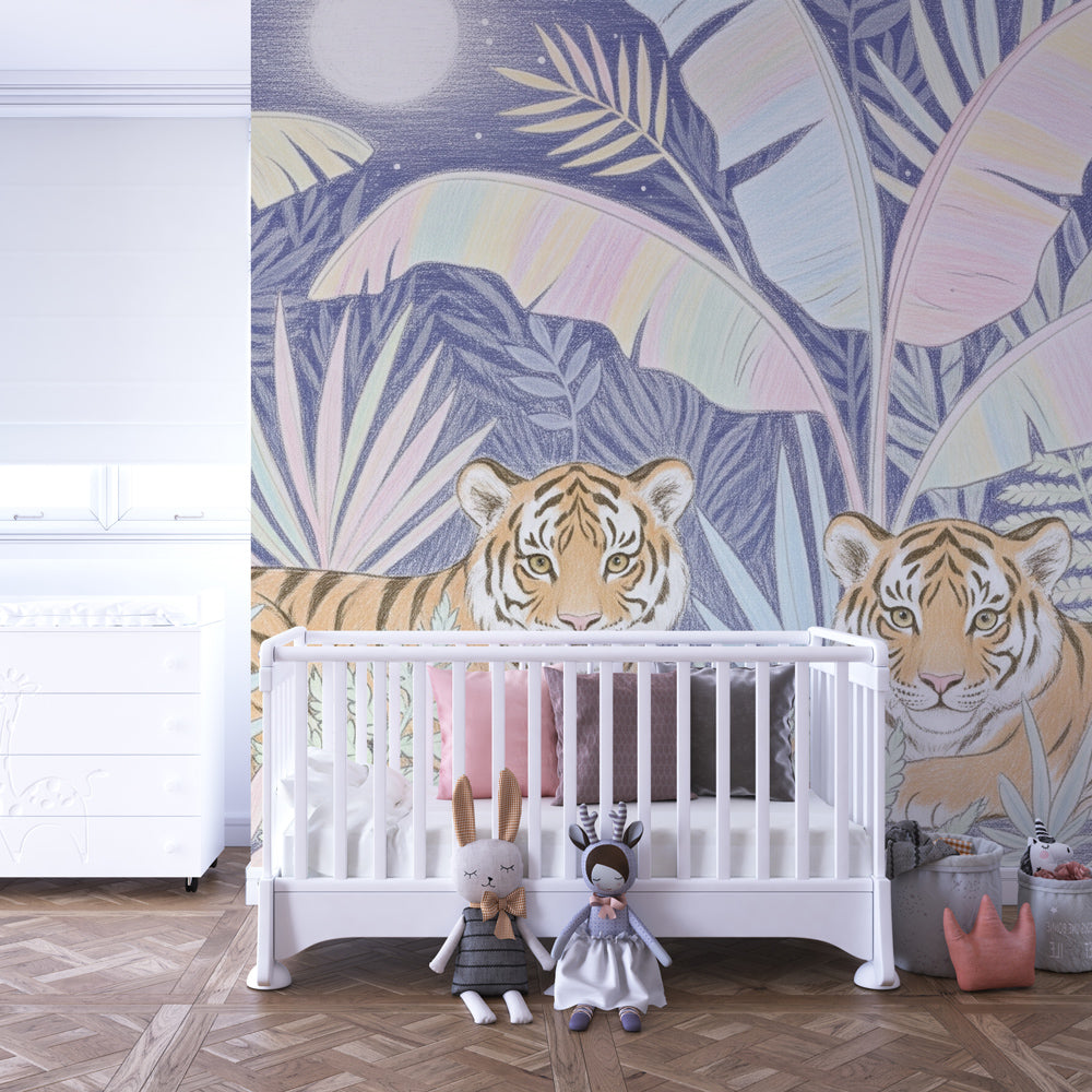 Tropical tiger wallpaper creating peaceful kids bedroom with pastel jungle decor
