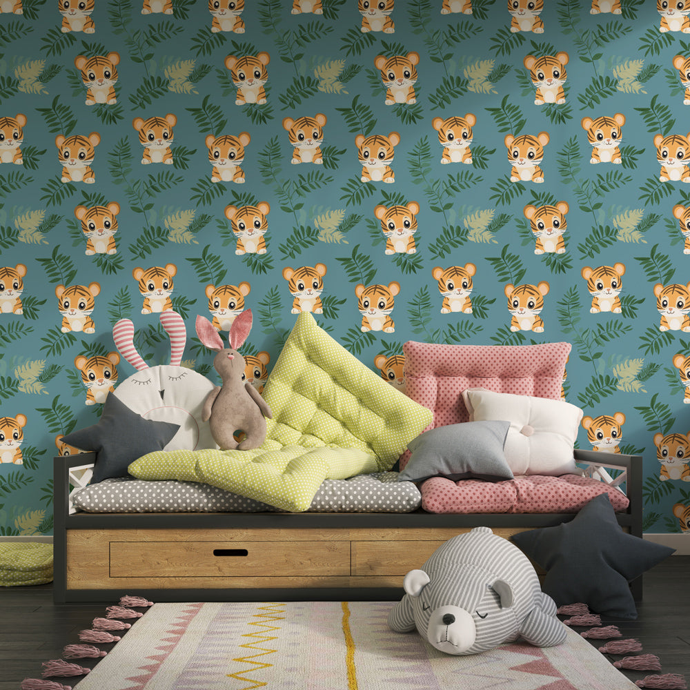 Children's bedroom featuring tiger animal mural wallpaper with lush foliage design