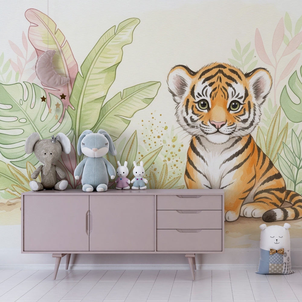 Cute tiger safari wallpaper transforming children's bedroom into tropical adventure space