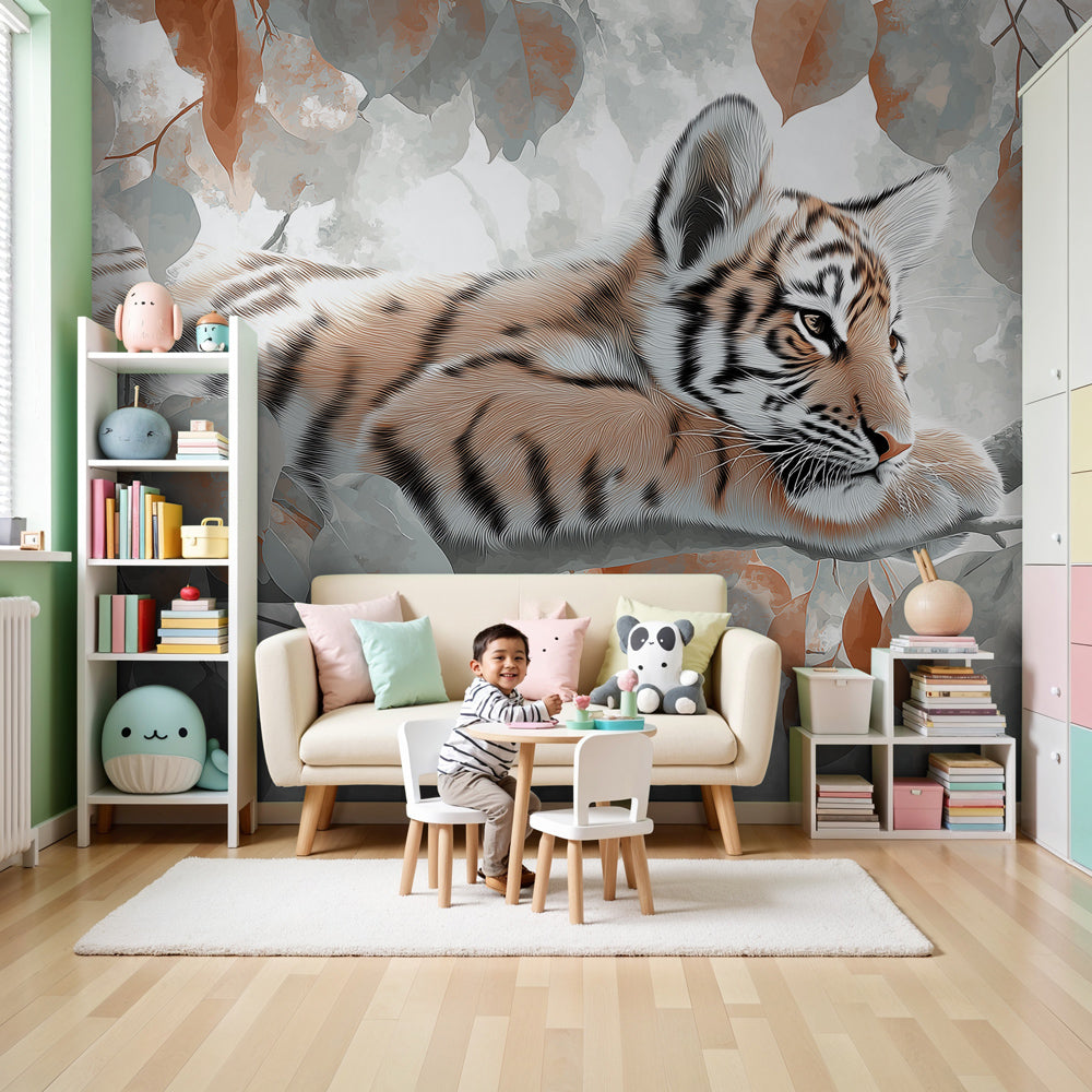 Tiger jungle mural wallpaper in modern nursery with natural wood furniture by Kids-Mundo
