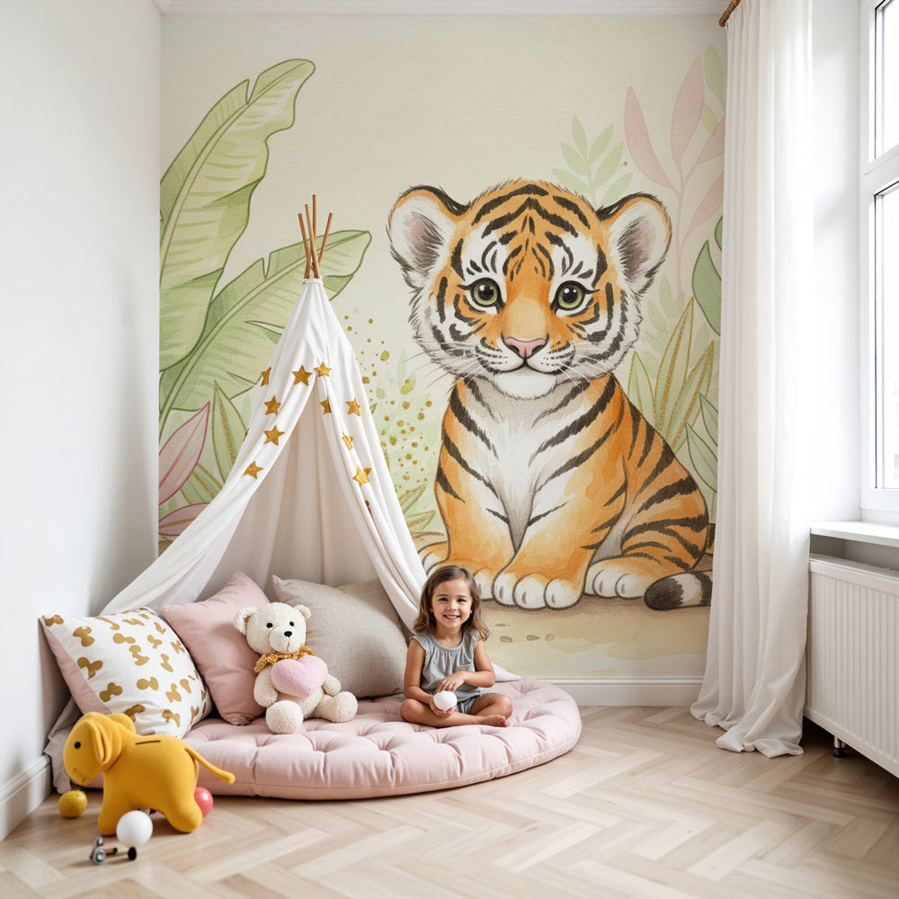 Tiger jungle mural wallpaper creating safari-themed nursery with soft pastel colors by Kids-Mundo