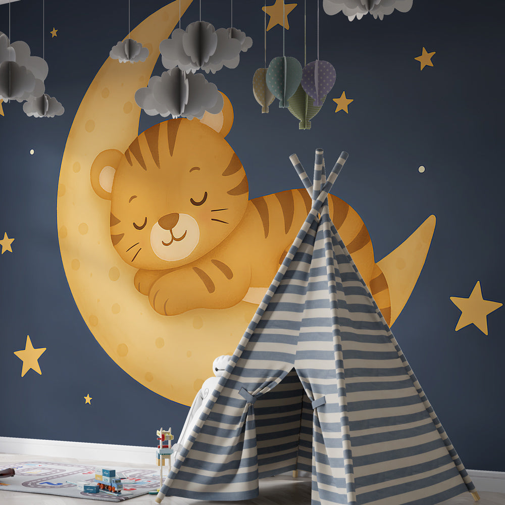Night sky tiger wallpaper creating magical children's bedroom atmosphere with blue and orange tones