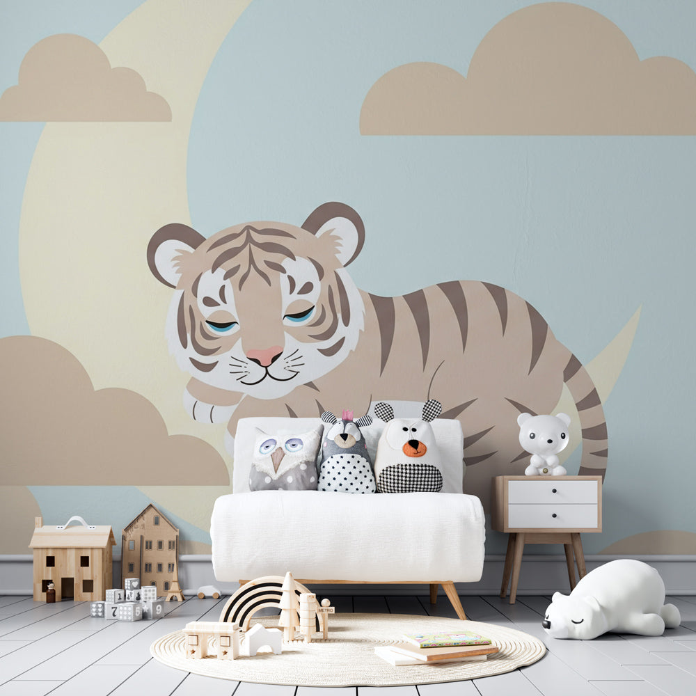 Dreamy tiger on moon wallpaper creating magical atmosphere in children's bedroom