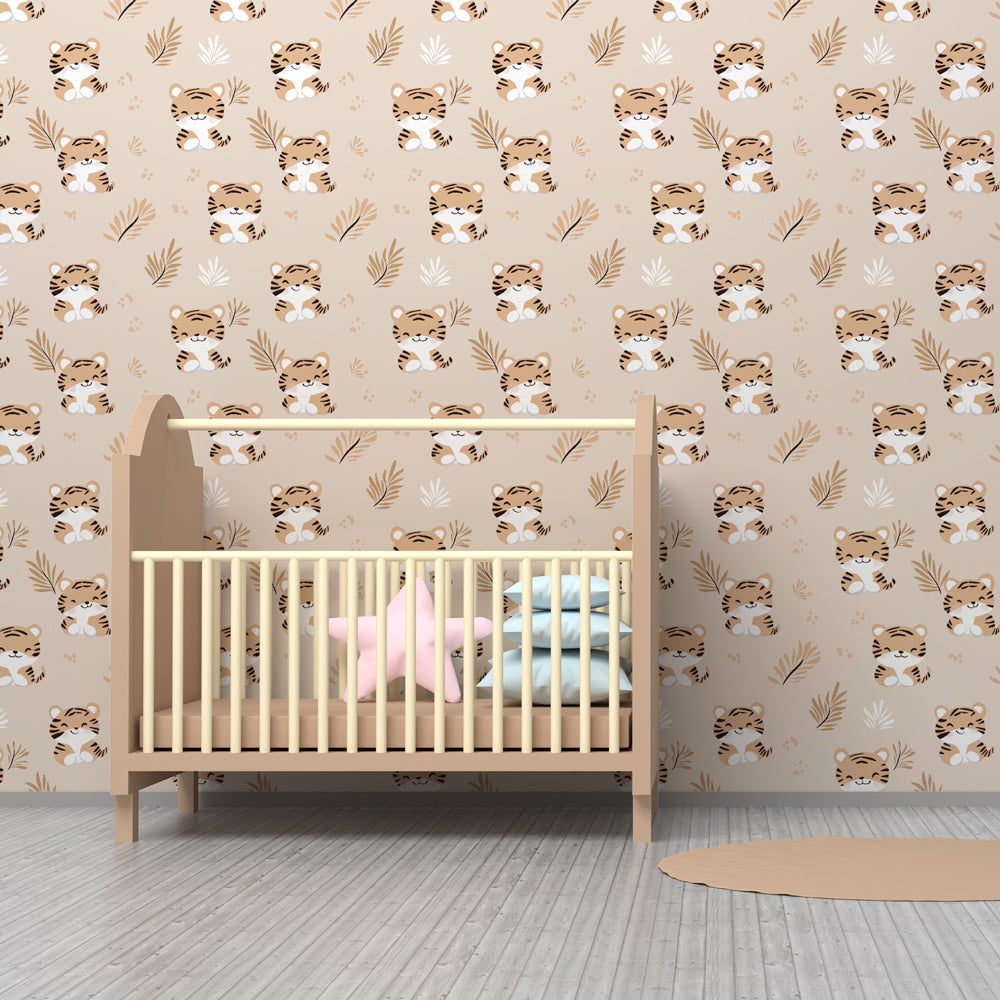 Soft colored tiger wallpaper transforming children's bedroom into peaceful jungle sanctuary