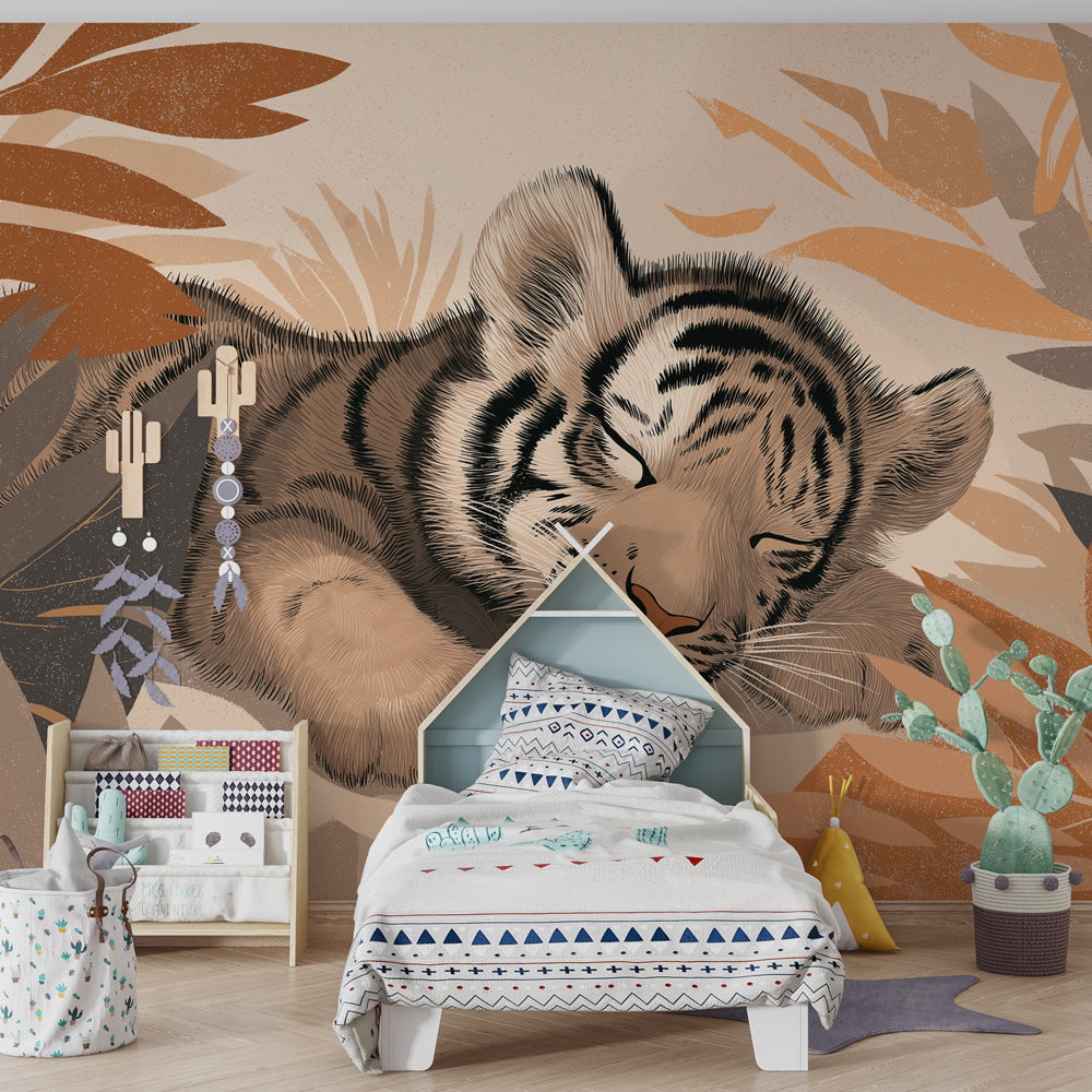 Tiger jungle mural wallpaper in warm beige tones for kids bedroom by Kids-Mundo