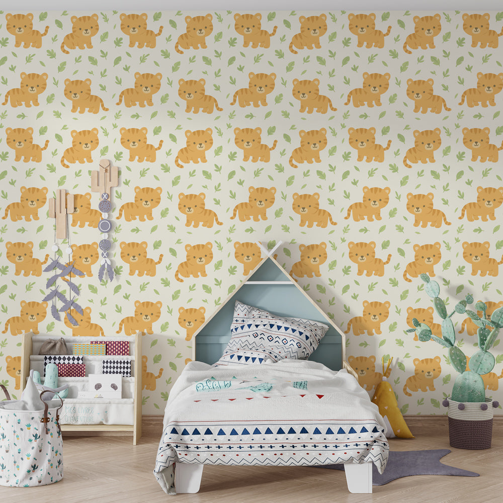 Tiger animal wallpaper creating cozy children's bedroom atmosphere with safari theme