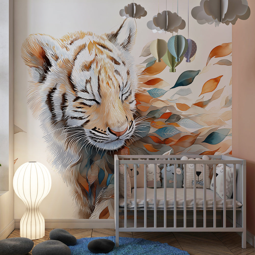 Ethereal tiger wallpaper with colorful floating leaves transforming children's bedroom into peaceful jungle space