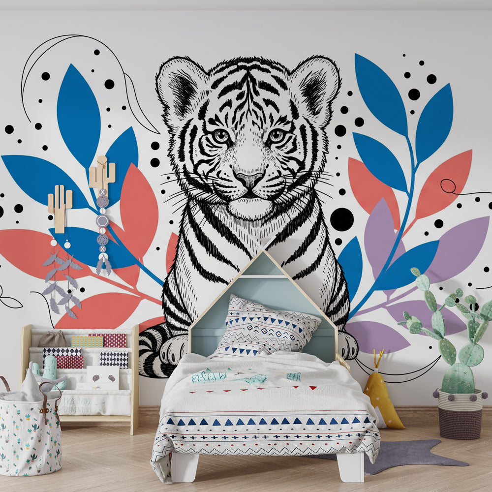 Adorable tiger safari mural wallpaper transforming modern kids bedroom space