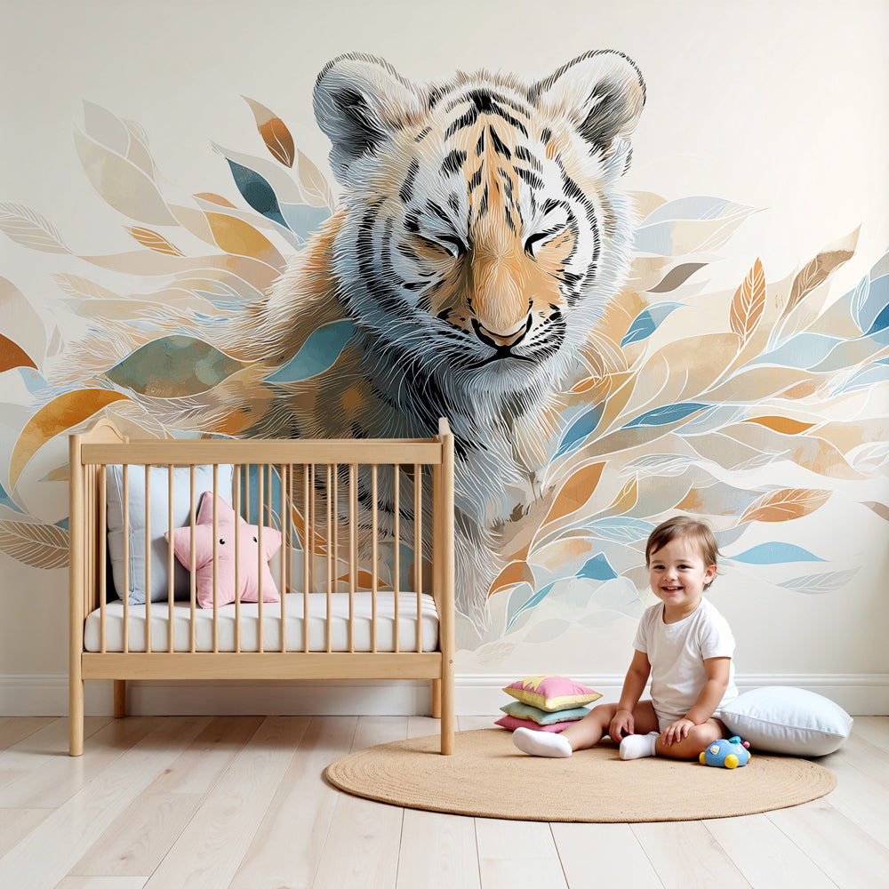 Majestic tiger mural wallpaper with colorful leaves in modern children's bedroom by Kids-Mundo