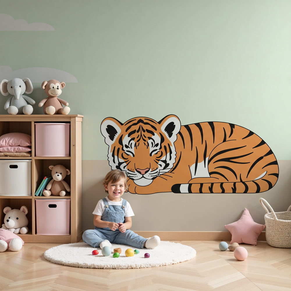 Peaceful tiger mural wallpaper creating serene wildlife atmosphere in modern kids bedroom by Kids-Mundo
