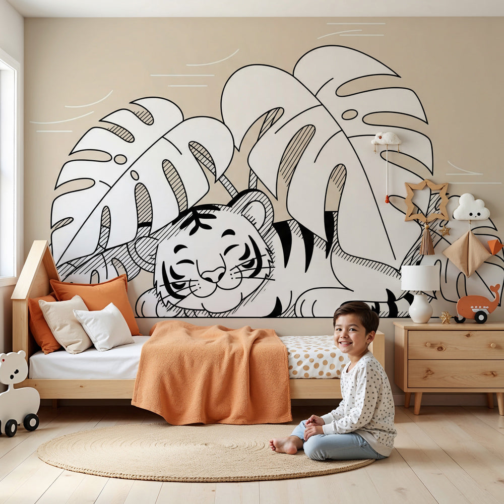 Sleeping baby tiger mural wallpaper in modern nursery with tropical jungle theme by Kids-Mundo