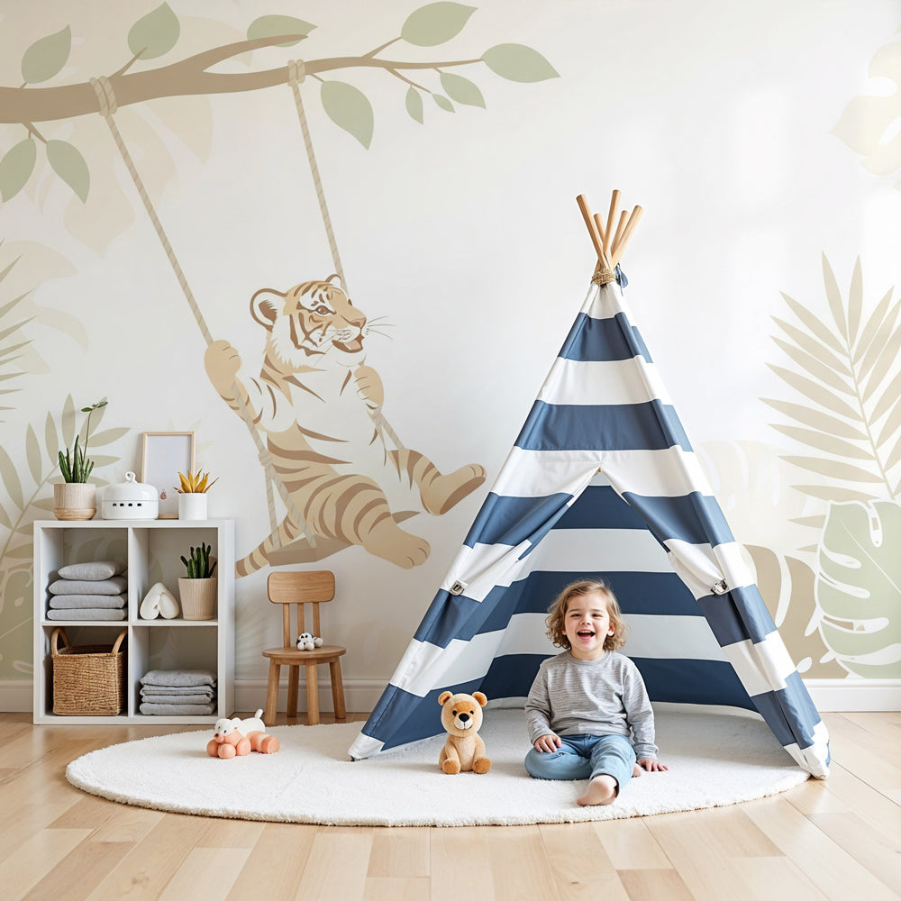 Tiger mural wallpaper with swinging tiger creating magical nursery decor by Kids-Mundo
