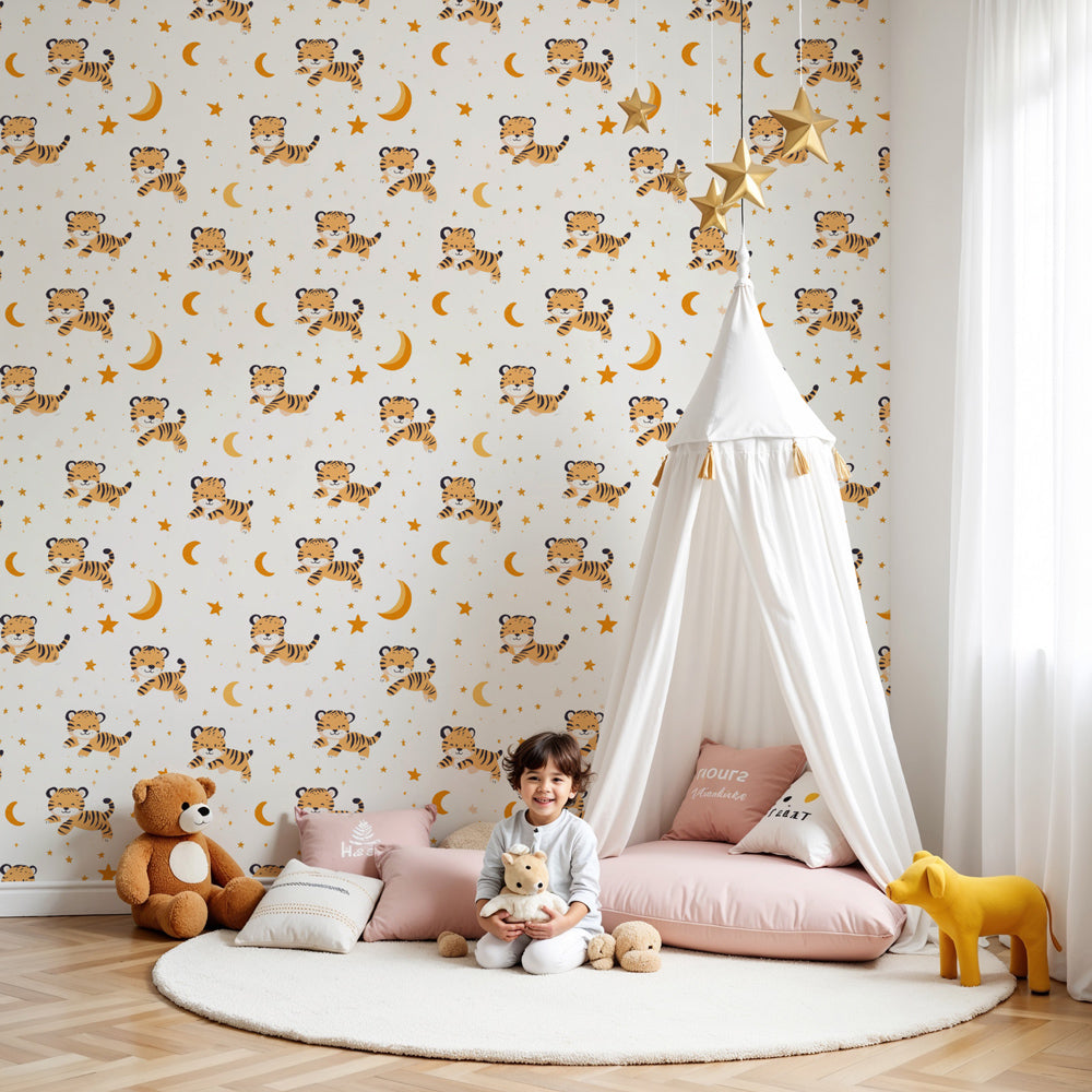 Tiger mural wallpaper with starry sky design in cozy kids bedroom by Kids-Mundo
