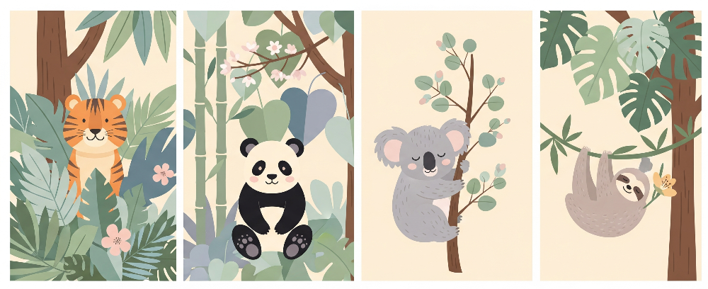 Tiger, Panda, Koala and Sloth Jungle Wall Mural