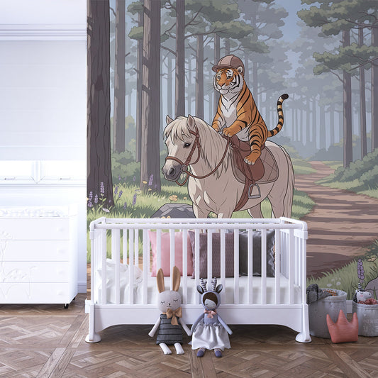 Kids-Mundo tiger riding a pony wall mural covering a feature wall in a child's woodland-themed bedroom.