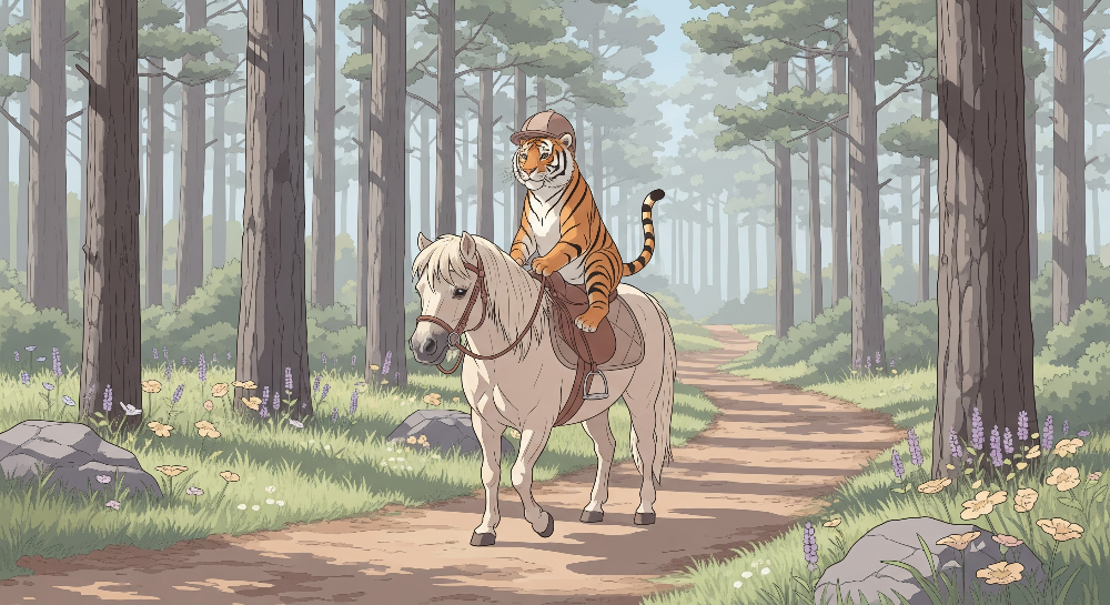 Flat artwork preview of the Kids-Mundo tiger riding a pony wall mural through a sunlit enchanted forest.