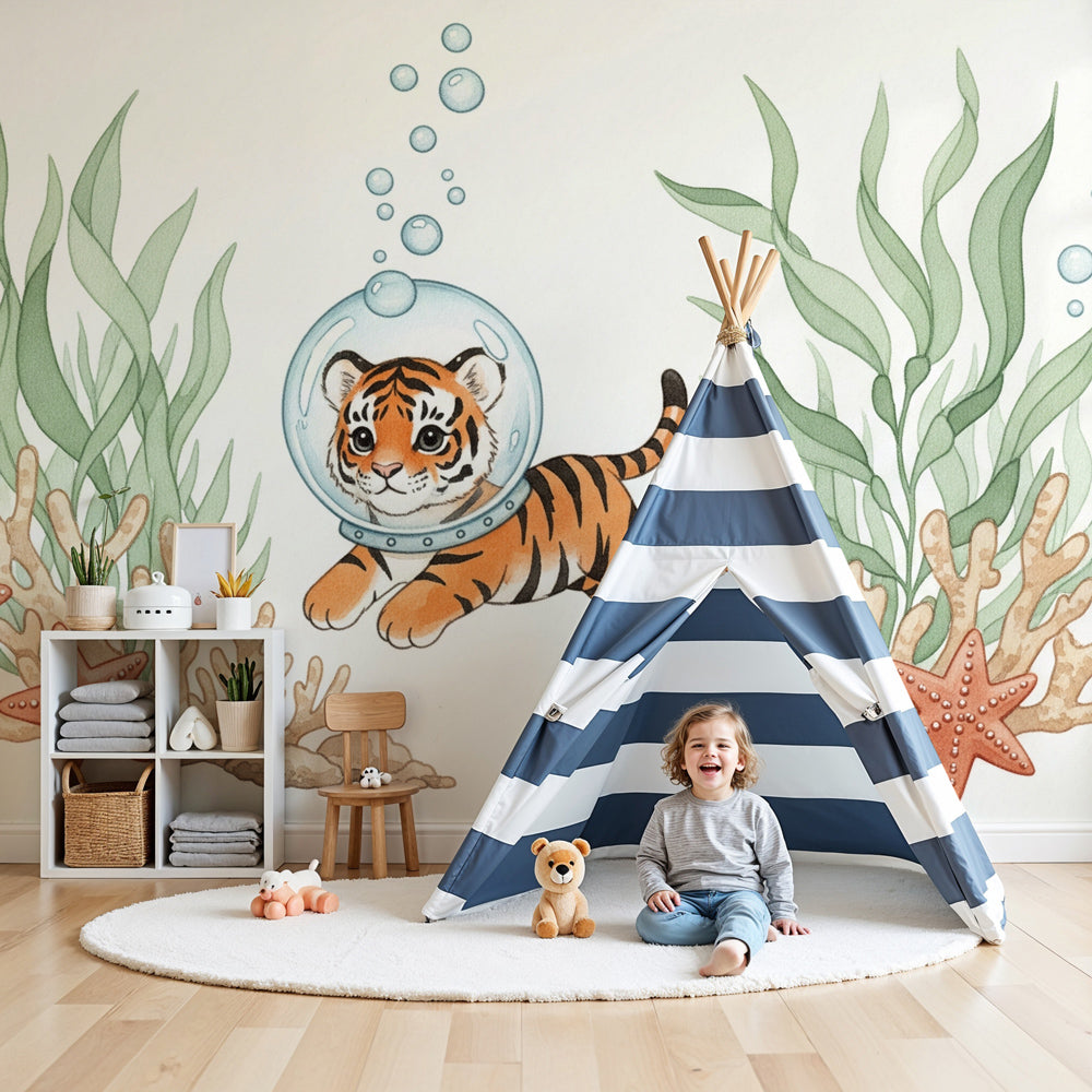 Tiger submarine mural wallpaper in modern nursery creating underwater adventure theme by Kids-Mundo