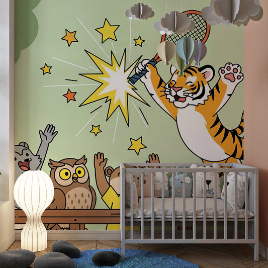 Kids-Mundo sports animal mural with tiger and friends fitted made to measure on a bedroom wall.
