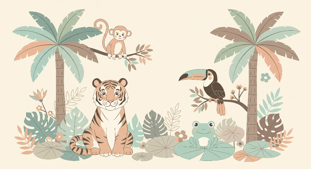 Pastel Jungle Animals with Tiger and Toucan Wall Mural
