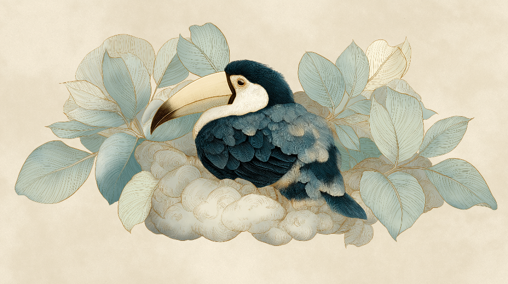 Toucan on a Cloud with Dusty Blue Foliage Wall Mural